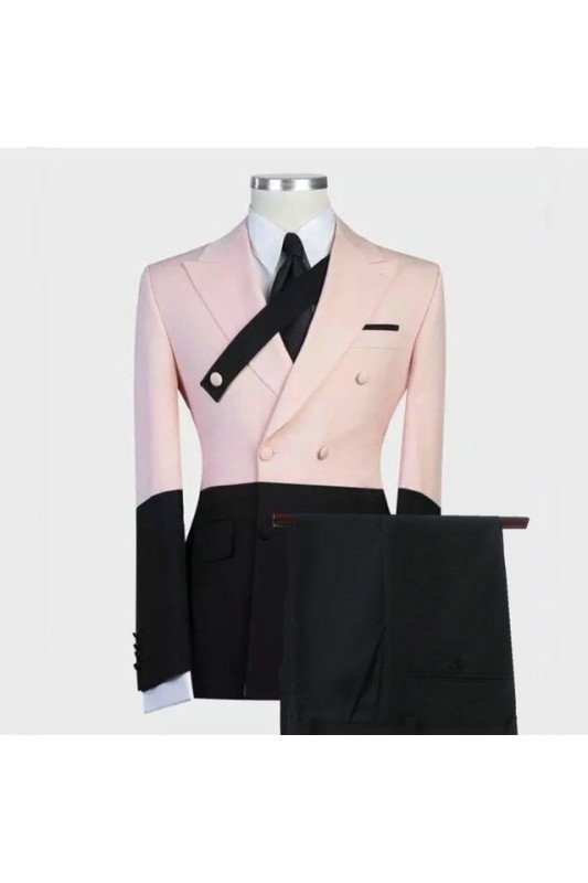 Handsome Pink and Black Double Breasted Peaked Lapel Men Suits