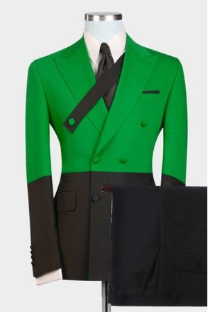 Bespoke Green and Black Double Breasted Peaked Lapel Chic Men Suits
