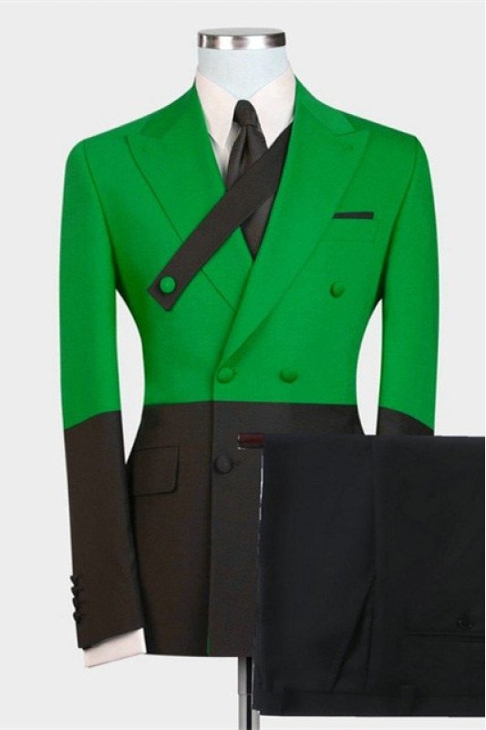 Bespoke Green and Black Double Breasted Peaked Lapel Chic Men Suits