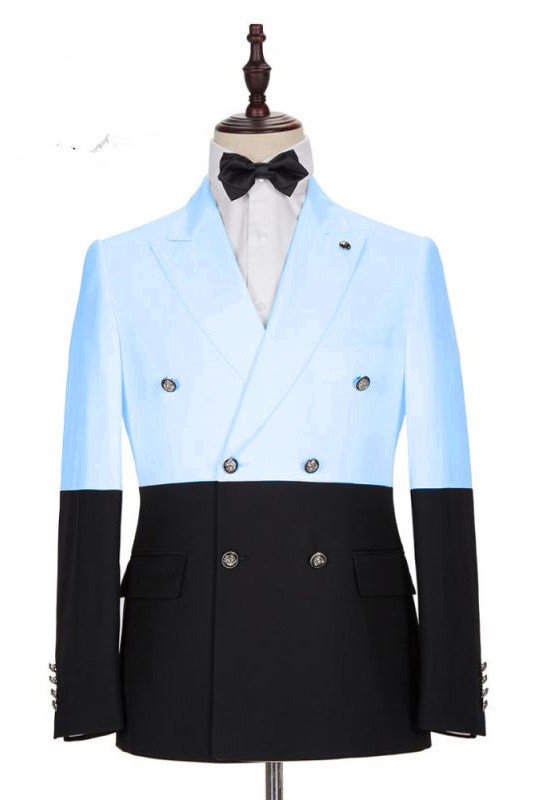 Chic Sky Blue Double Breasted Slim Fitted Men Suits with Peaked Lapel