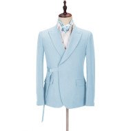 Chic Newest Sky Blue Peaked Lapel Men Suits with Adjustable Buckle