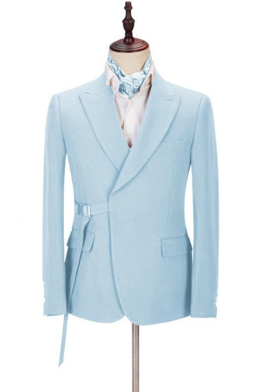 Chic Newest Sky Blue Peaked Lapel Men Suits with Adjustable Buckle