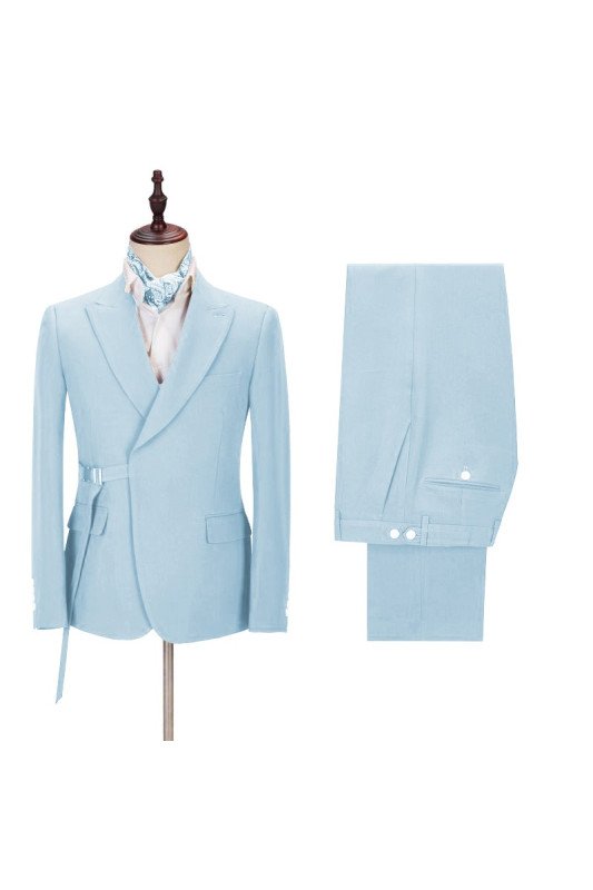 Chic Newest Sky Blue Peaked Lapel Men Suits with Adjustable Buckle