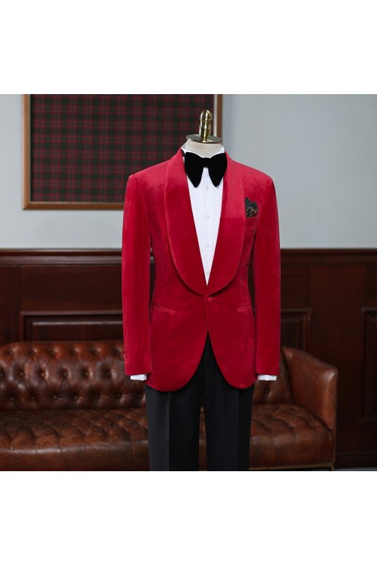 New Arrival Red Velvet Shawl Lapel Close Fitting Wedding Suit for Men