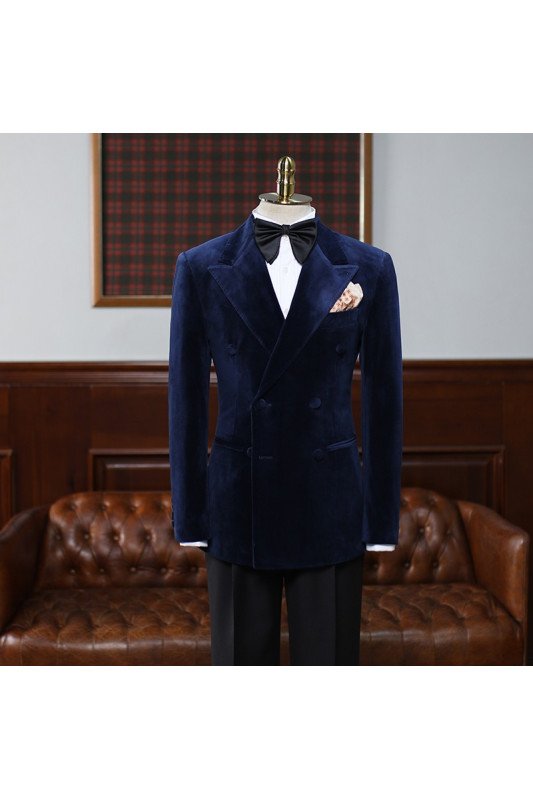 Dark Blue Velvet Double Breasted Peaked Lapel Men Suit