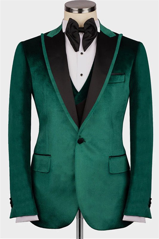 Joshua Chic Green Peaked Lapel Velvet Three Pieces Men Suits