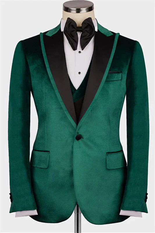 Joshua Chic Green Peaked Lapel Velvet Three Pieces Men Suits Joshua Chic Green Peaked Lapel Velvet Three Pieces Men Suits