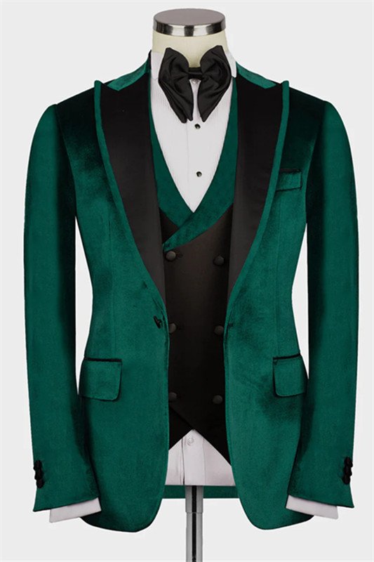 Joshua Chic Green Peaked Lapel Velvet Three Pieces Men Suits