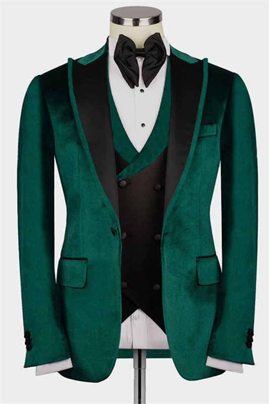 Joshua Chic Green Peaked Lapel Velvet Three Pieces Men Suits Joshua Chic Green Peaked Lapel Velvet Three Pieces Men Suits