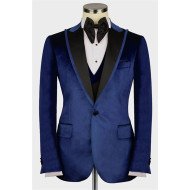 Daniel Modern Dark Blue Peaked Lapel Velvet Three Pieces Men Suits