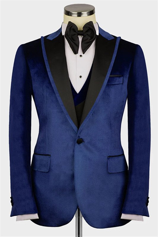 Daniel Modern Dark Blue Peaked Lapel Velvet Three Pieces Men Suits