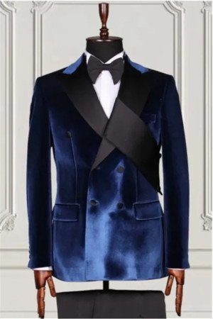 Christopher Fashion Dark Blue Double Breasted Velvet Two Pieces Men Suits