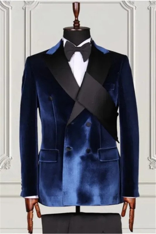 Christopher Fashion Dark Blue Double Breasted Velvet Two Pieces Men Suits