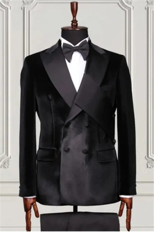 Matthew Chic Black Double Breasted Velvet Two Pieces Men Suits