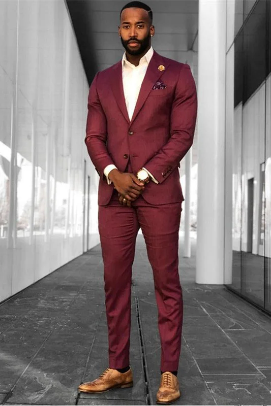 Modern Burgundy Three Pieces Jacquard Peaked Lapel Suit for Wedding by Barry
