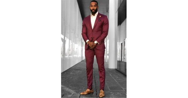 Modern Burgundy Three Pieces Jacquard Peaked Lapel Suit for Wedding by Barry
