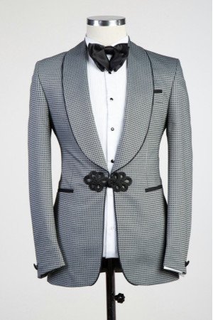 Fitzgerald Fashion Gray Shawl Lapel Plaid Wedding Men Suits