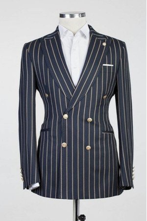 Perry Dark Navy Peaked Lapel Double Breasted Striped Men Suits Perry Dark Navy Peaked Lapel Double Breasted Striped Men Suits