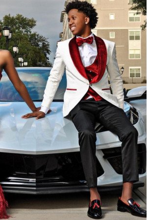 Dillon White Jacquard Three Pieces Wedding Men Suits With Red Velvet Shawl Lapel 