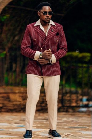 Dick Burgundy Peaked Lapel Double Breasted Striped Big And Tall Prom Men Suits