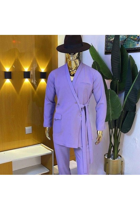 Baldwin Chic Light Purple Shawl Lapel Slim Fit Men Suits With Belt