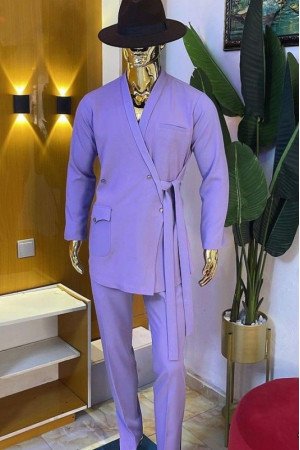 Baldwin Chic Light Purple Shawl Lapel Slim Fit Men Suits With Belt Baldwin Chic Light Purple Shawl Lapel Slim Fit Men Suits With Belt