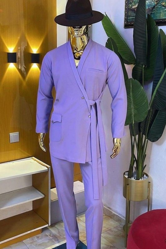 Baldwin Chic Light Purple Shawl Lapel Slim Fit Men Suits With Belt