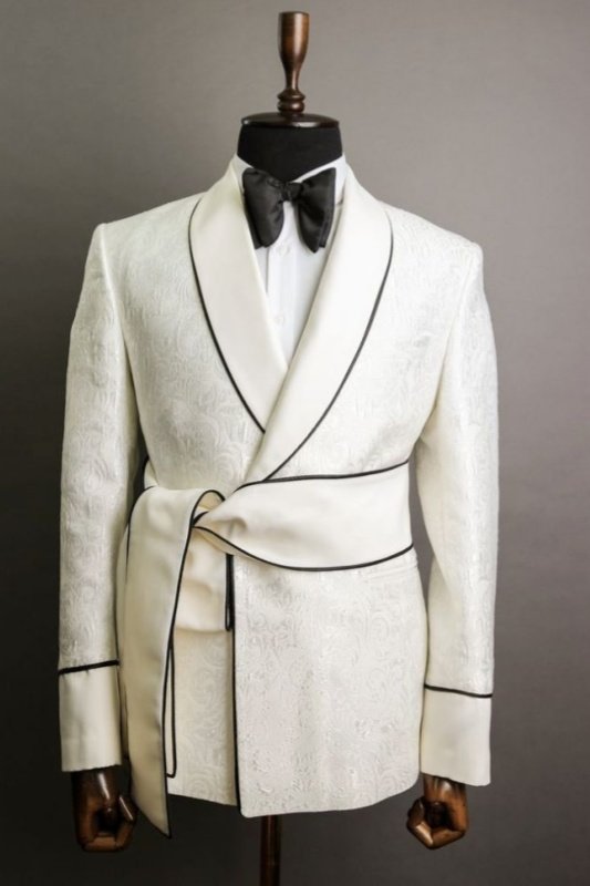 Ira Glamorous White Jacquard Shawl Lapel Wedding Men Suits With Belt Ira Glamorous White Jacquard Shawl Lapel Wedding Men Suits With Belt