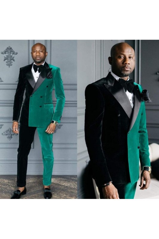 Jacob Black And Green Peaked Lapel Double Breasted Velvet Men Suits Jacob Black And Green Peaked Lapel Double Breasted Velvet Men Suits