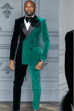 Jacob Black And Green Peaked Lapel Double Breasted Velvet Men Suits Jacob Black And Green Peaked Lapel Double Breasted Velvet Men Suits