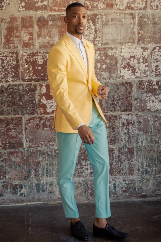 Nathaniel Simple Yellow Peaked Lapel Slim Fit Prom Men Suits