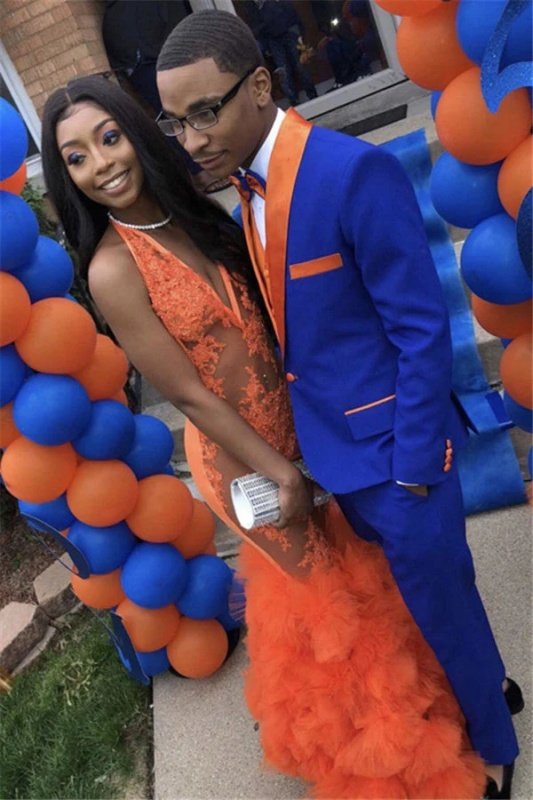 Parker Newset Royal Blue Three Pieces Prom Men Suits With Orange Shawl Lapel Parker Newset Royal Blue Three Pieces Prom Men Suits With Orange Shawl Lapel