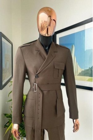 Quinn Modern Coffee Notched Lapel Slim Fit Prom Men Suits With Belt Quinn Modern Coffee Notched Lapel Slim Fit Prom Men Suits With Belt