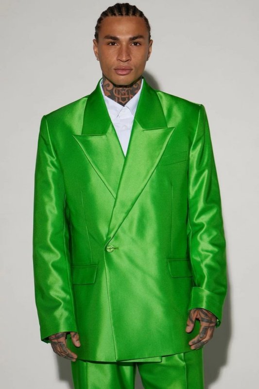 Taylor Satin Fluorescent Green Peaked Lapel Big And Tall Prom Men Suits