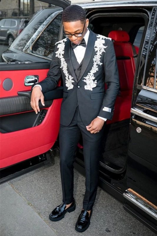 Valentine Black Shawl Lapel Three Pieces Appliques Prom Men Suits Valentine Black Shawl Lapel Three Pieces Appliques Prom Men Suits