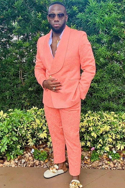 Bard Salmon Jacquard Shawl Lapel Double Breasted Prom Men Suits Bard Salmon Jacquard Shawl Lapel Double Breasted Prom Men Suits