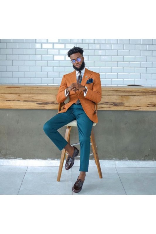 Kevin Stylish Orange Peaked Lapel Striped Prom Men Suits Near Me