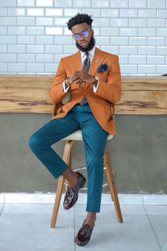 Kevin Stylish Orange Peaked Lapel Striped Prom Men Suits Near Me