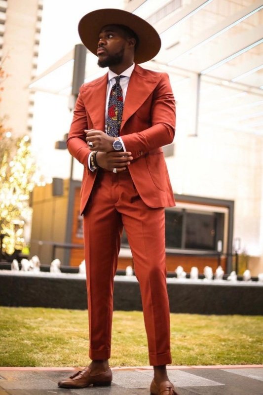 Marshall Fashion Orange Peaked Lapel Close Fitting Prom Men Suits