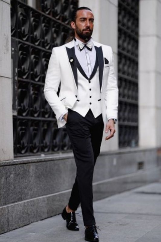 Khalid Stylish White Peaked Lapel Three Pieces Prom Outfits Khalid Stylish White Peaked Lapel Three Pieces Prom Outfits