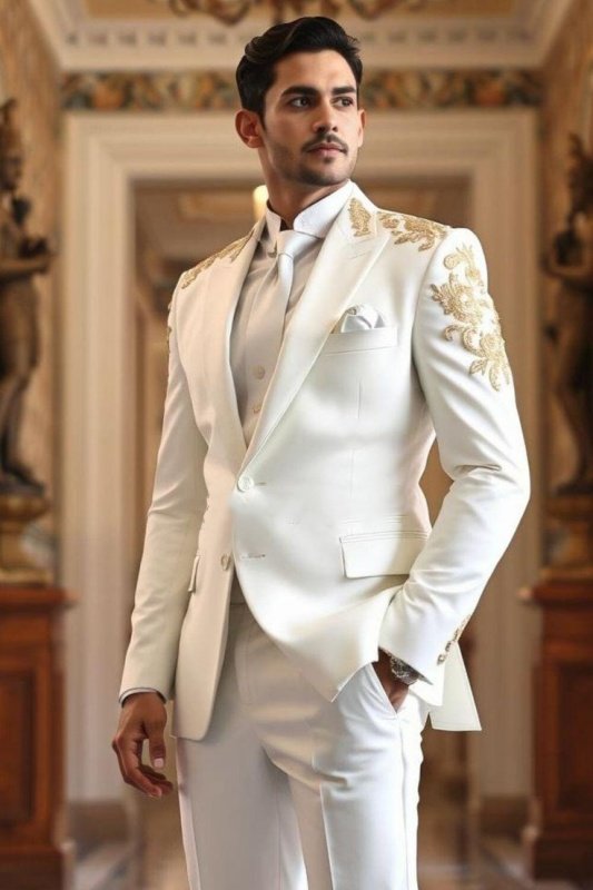 Perry New Arrival White Peaked Lapel Appliques Prom Men Suits Perry New Arrival White Peaked Lapel Appliques Prom Men Suits