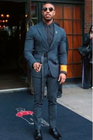 Aidan Dark Green Peaked Lapel Striped Prom Men Suits With Belt Aidan Dark Green Peaked Lapel Striped Prom Men Suits With Belt