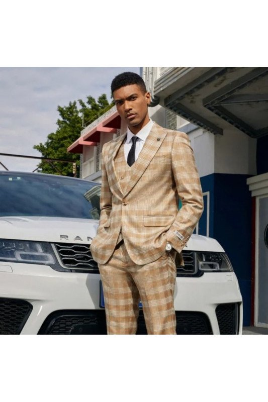 Barry Stylish Khaki Peaked Lapel Plaid Three Pieces Men Suits For Prom