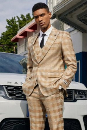 Barry Stylish Khaki Peaked Lapel Plaid Three Pieces Men Suits For Prom Barry Stylish Khaki Peaked Lapel Plaid Three Pieces Men Suits For Prom