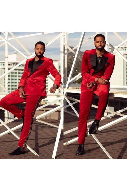 Hayden Fashion Red Peaked Lapel Double Breasted Velvet Slim Fit Men Suits Hayden Fashion Red Peaked Lapel Double Breasted Velvet Slim Fit Men Suits
