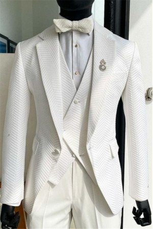 Levi Fashion White Notched Lapel Jacquard Three Pieces Wedding Men Suits
