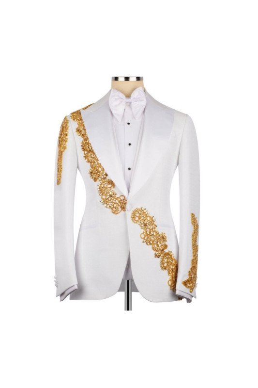 Goddard White Peaked Lapel Three Pieces Appliques Wedding Men Suits
