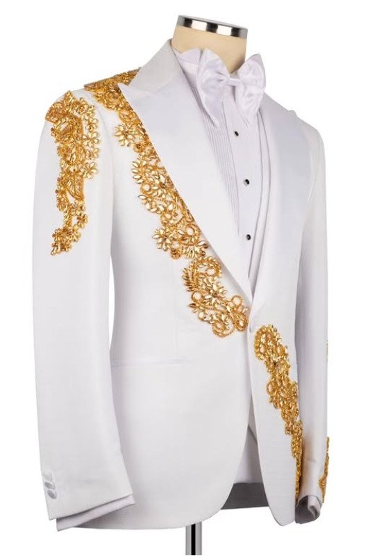 Goddard White Peaked Lapel Three Pieces Appliques Wedding Men Suits