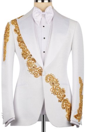 Goddard White Peaked Lapel Three Pieces Appliques Wedding Men Suits Goddard White Peaked Lapel Three Pieces Appliques Wedding Men Suits
