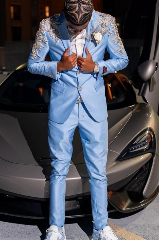 Derrick Sky Blue Notched Lapel Appliques Prom Men Suits Derrick Sky Blue Notched Lapel Appliques Prom Men Suits
